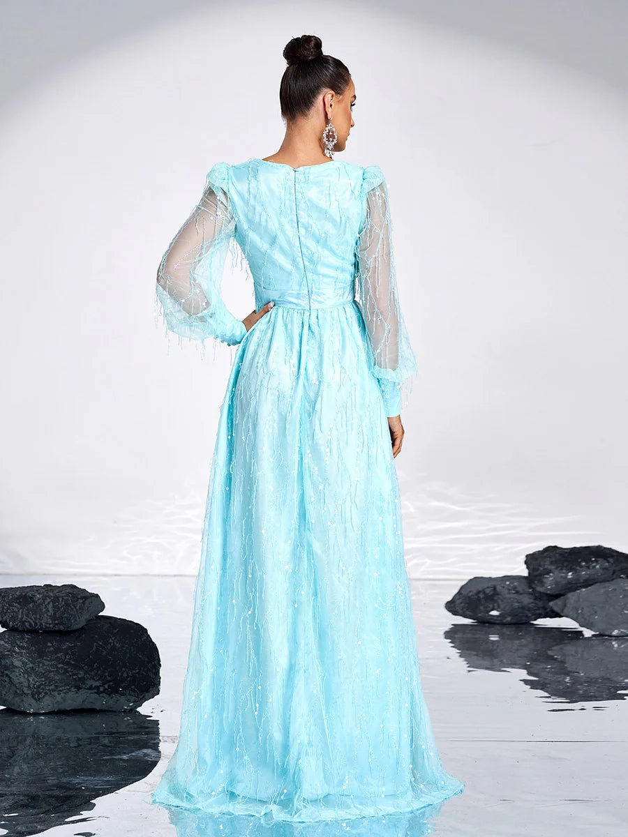Luxurious A-Line V Neck Long Sleeve Zipper Up Sweep/Brush Train Prom Dress